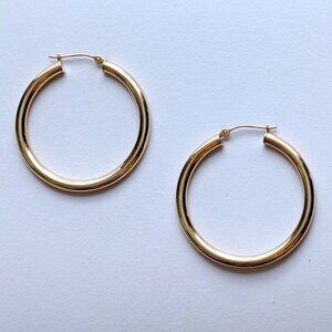 Vintage Large Solid 14K Yellow Gold Glossy Finish Hoop Pierced Earrings 14kt